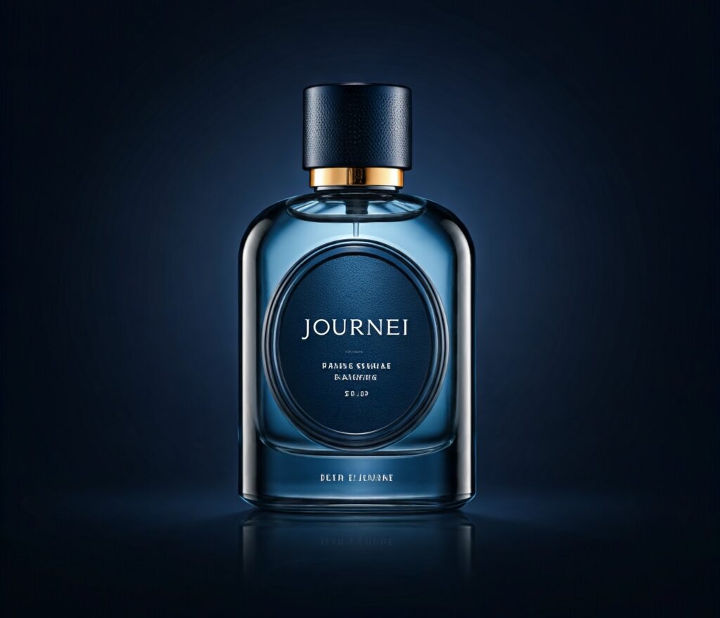 A bottle of perfume on a dark blue background.